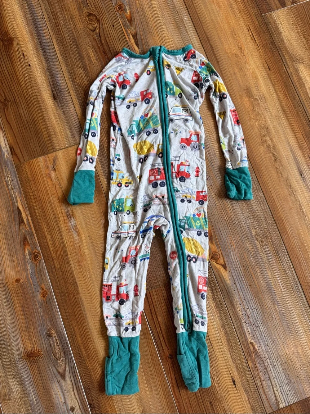 Little sleepies - 12-18 month - Footed Pajama - Teal Trim with Multicolor Trucks